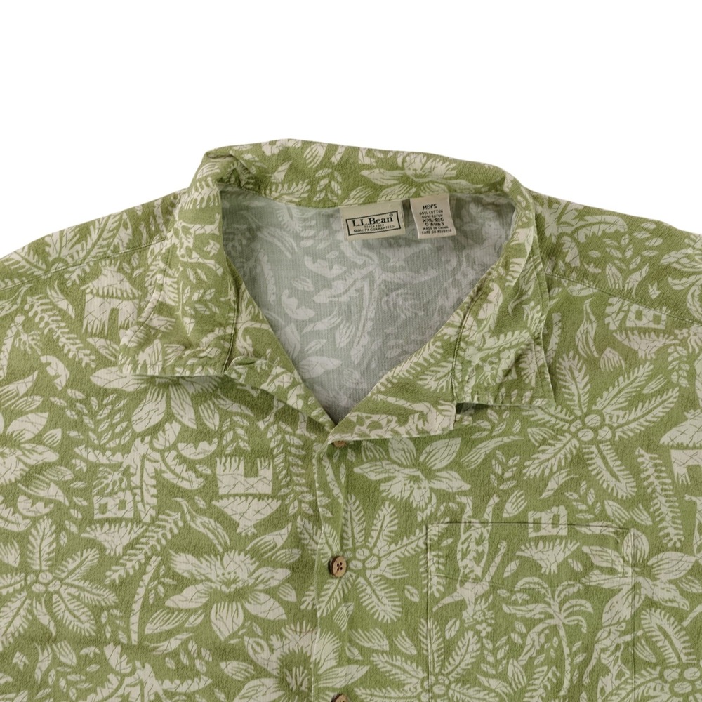 LL Bean Hawaiian Shirt Mens XXL Green Cotton Rayon Hula Palm Camp Loop Collar
